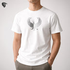 Winged Horus Falcon Oversized Tee White – solar disc full chest graphic Egyptian cotton – Gems of Egypt