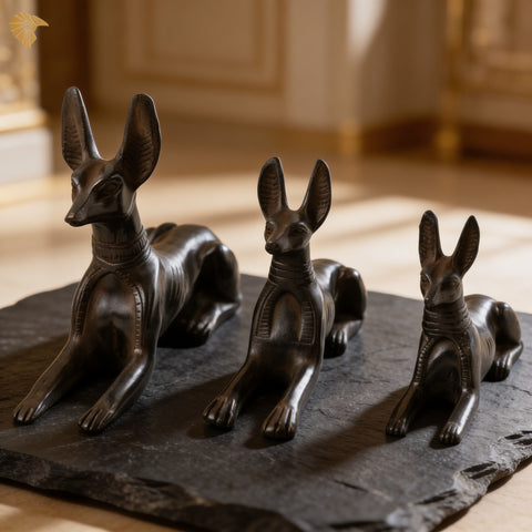 Ancient Guardian Anubis Stone Statue Set – Trio of Recumbent Jackals3