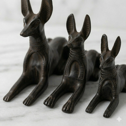 Ancient Guardian Anubis Stone Statue Set – Trio of Recumbent Jackals