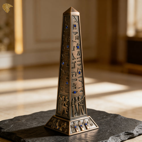 Ancient Majesty: Hand-Finished Bronze Egyptian Obelisk with Azure Crystal Accents3