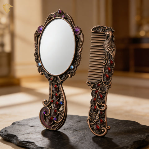 Bronze Peacock Vanity Set Mirror and Comb – antique bronze jeweled finish – Gems of Egypt