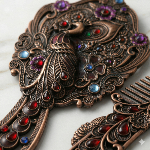 Antique Bronze Regal Peacock Hand Mirror and Comb Vanity Set with Jeweled Gems