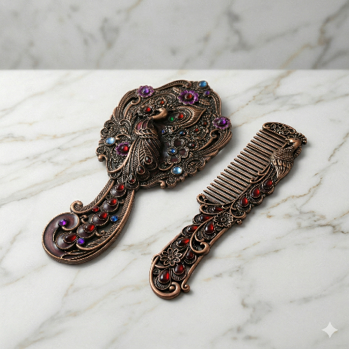 Antique Bronze Regal Peacock Hand Mirror and Comb Vanity Set with Jeweled Gems