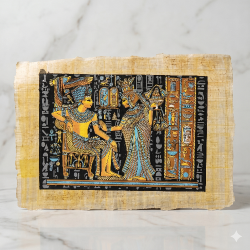  Egyptian Papyrus Painting: Tutankhamun & Queen Scene