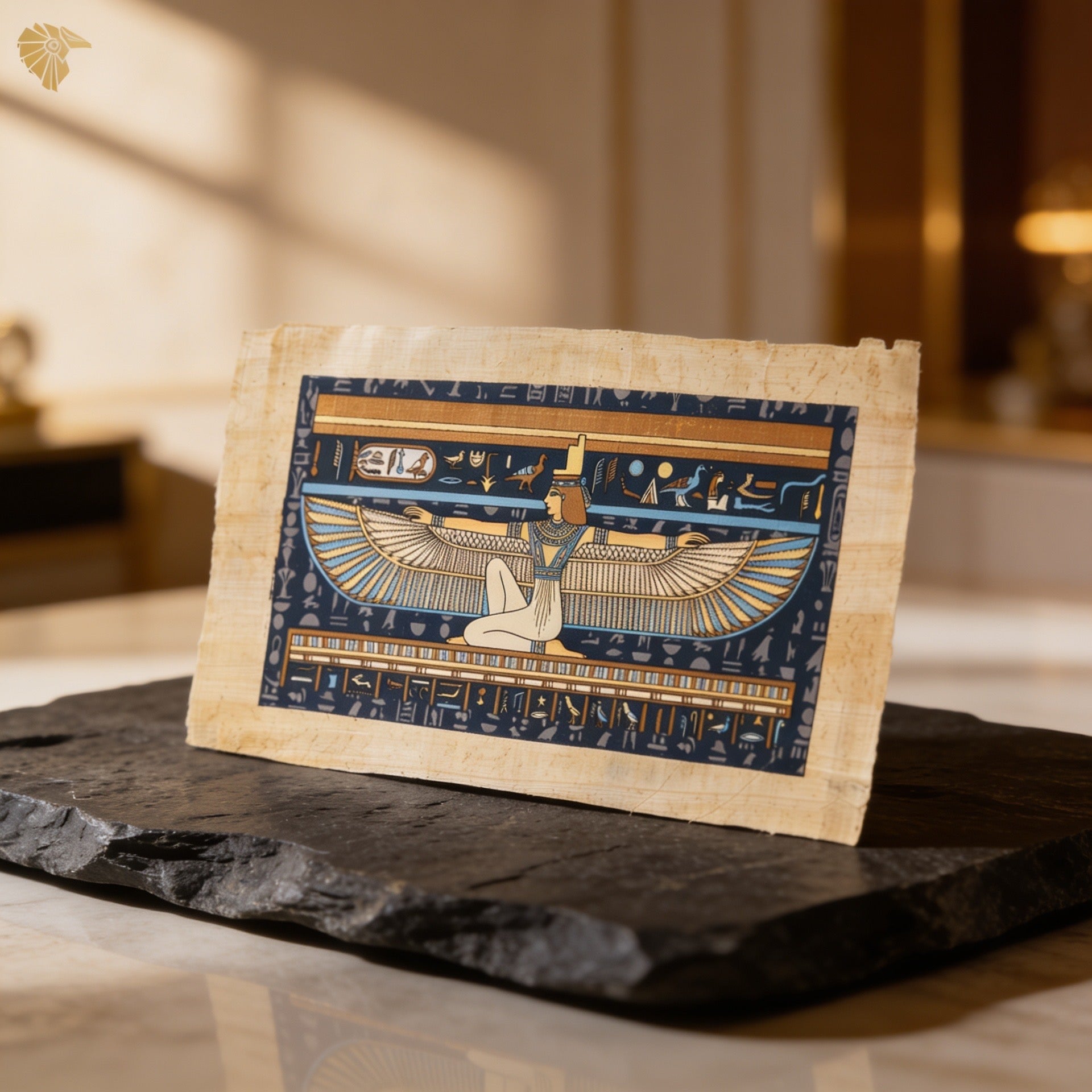 Goddess Ma’at Hand-Painted Egyptian Papyrus – Winged Goddess of Truth & Justice (Includes English Interpretation)2