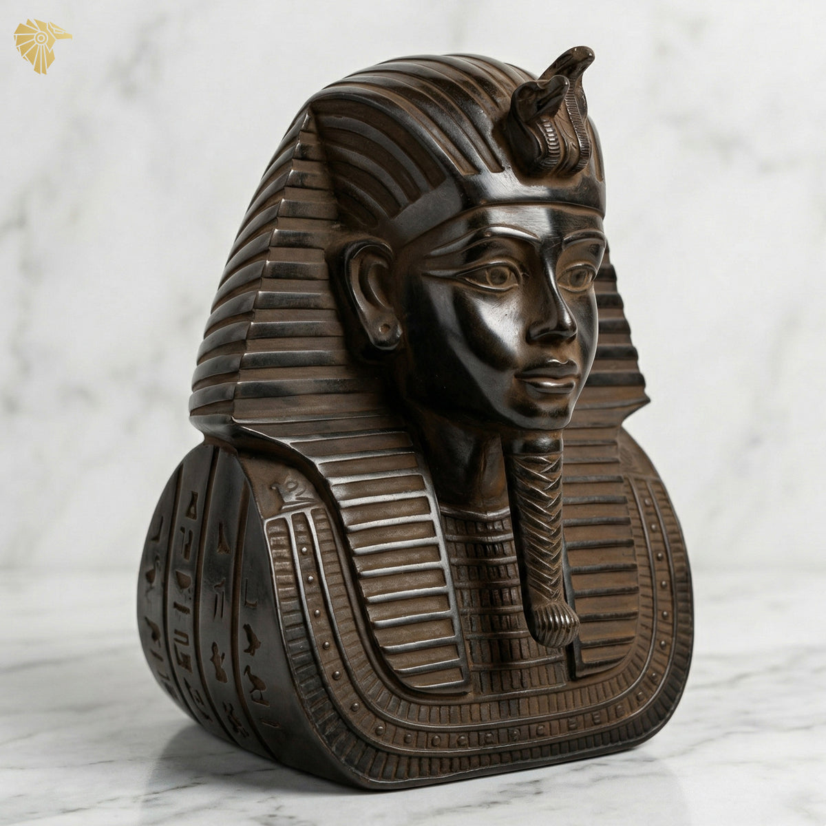Hand-Carved Ebonized Mahogany Pharaoh Head Statue