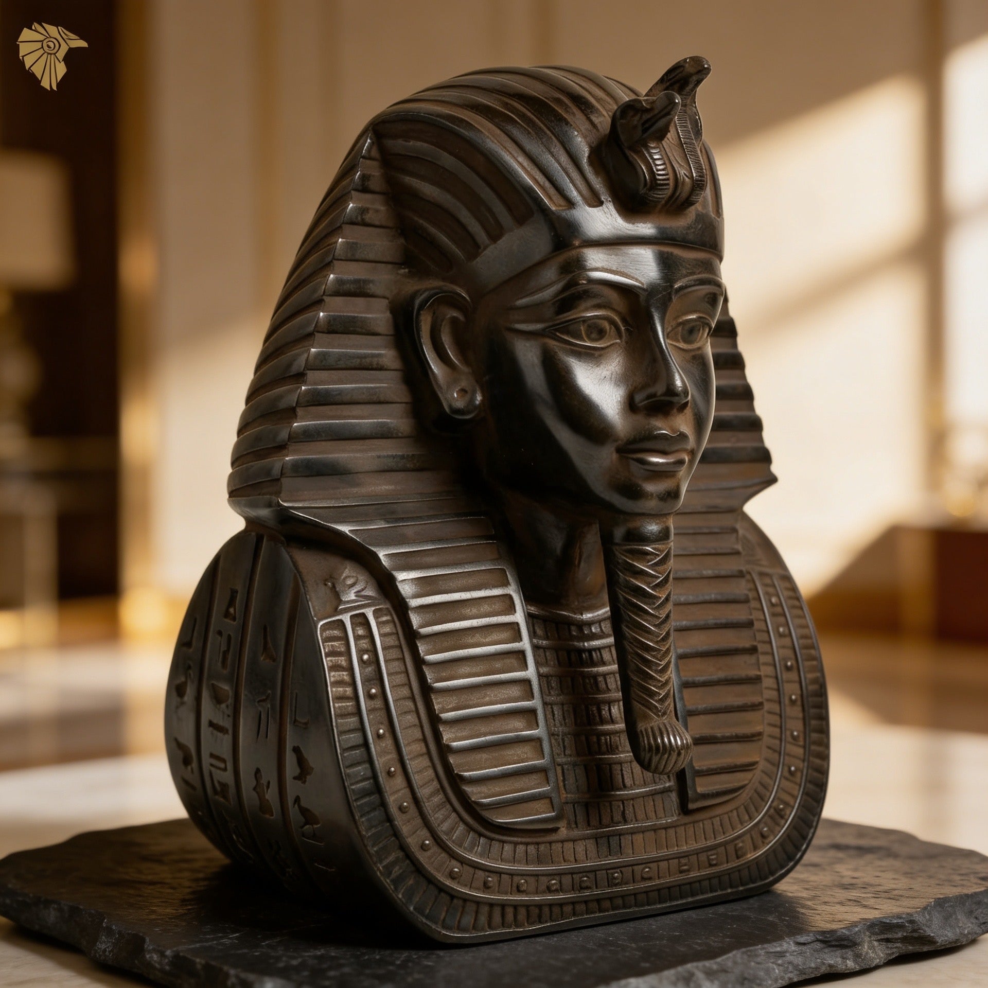 Hand-Carved Ebonized Mahogany Pharaoh Head Statue3