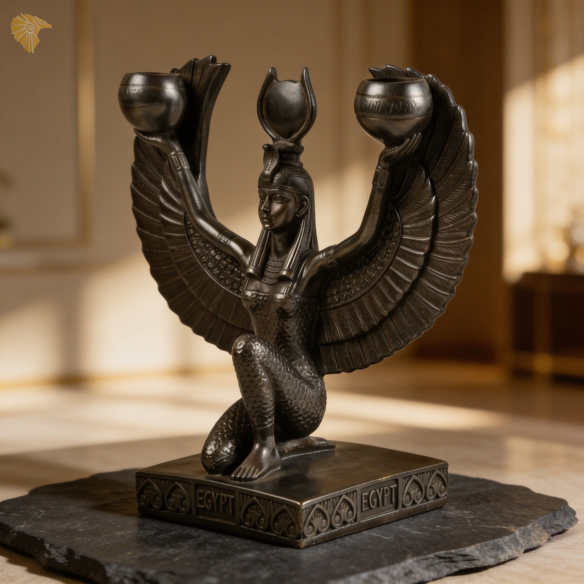 Kneeling Goddess Isis Winged Candelabra Statue – Dark Stone Finish3