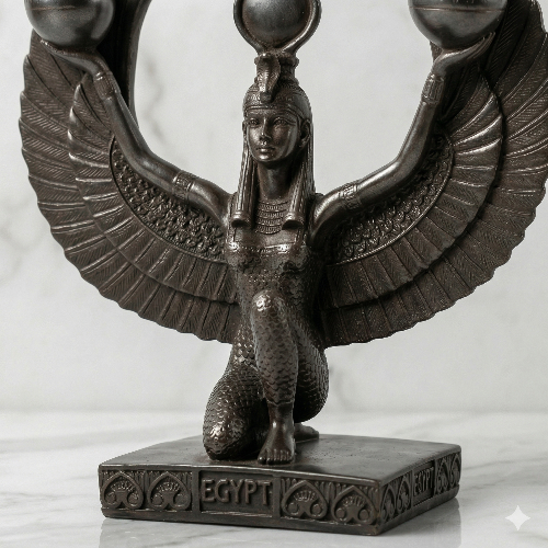 Kneeling Goddess Isis Winged Candelabra Statue – Dark Stone Finish