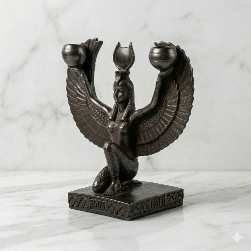 Kneeling Goddess Isis Winged Candelabra Statue – Dark Stone Finish