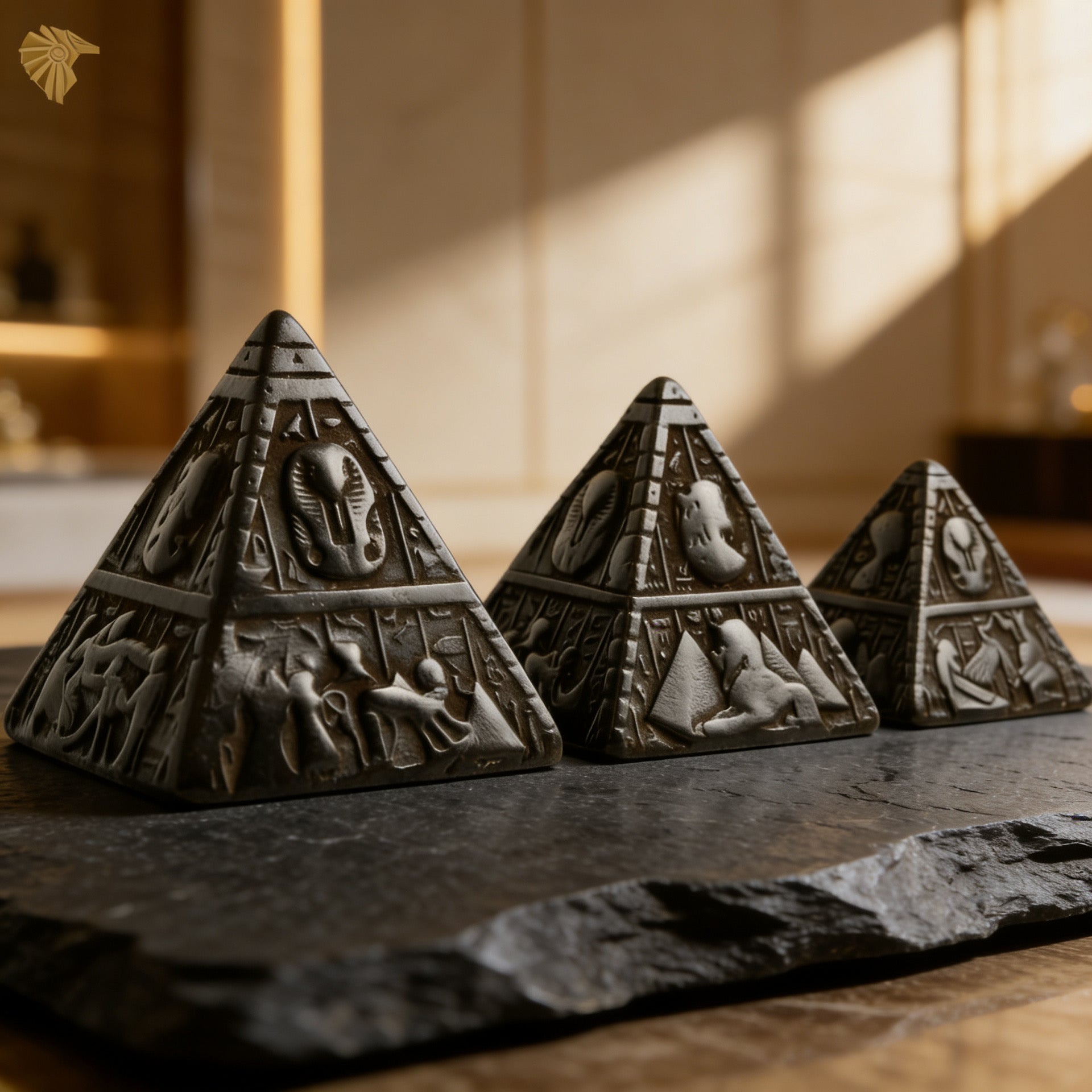 The Giza Triad: Hand-Finished Stone Hieroglyphic Pyramid Set3