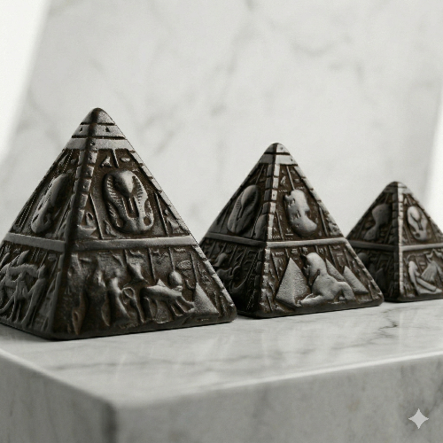 The Giza Triad: Hand-Finished Stone Hieroglyphic Pyramid Set