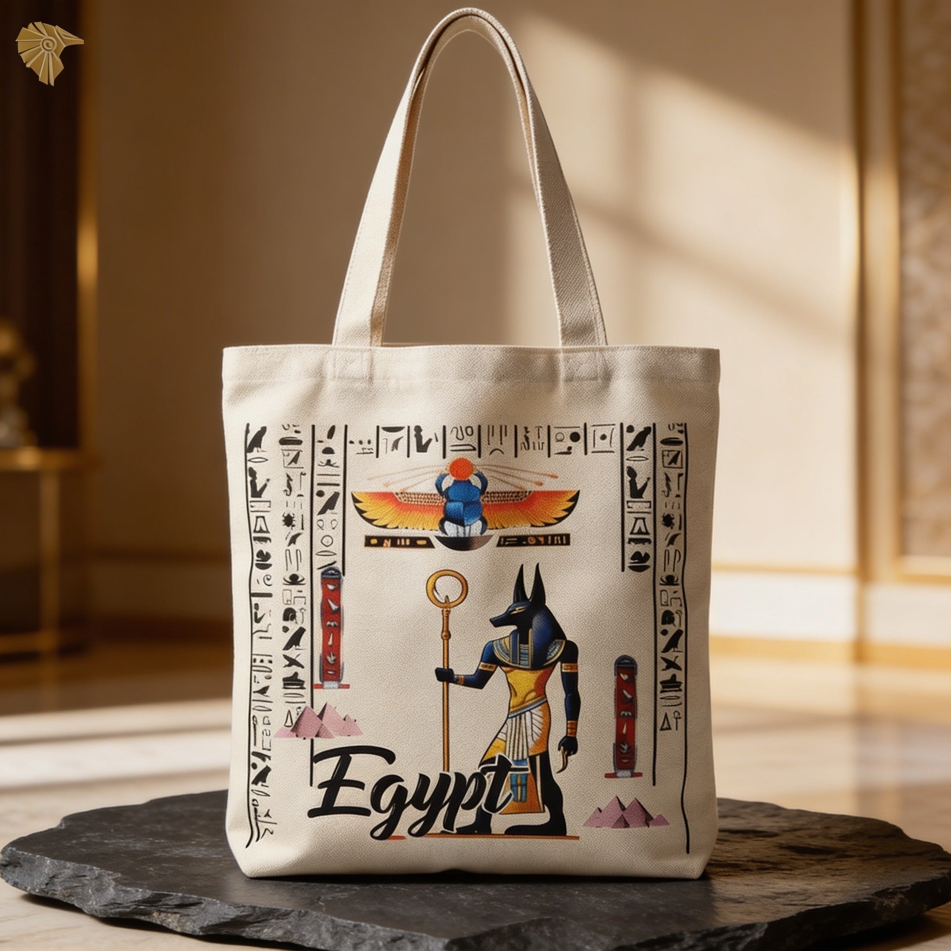 The Guardian of Shadows Tote – Anubis & Sacred Scarab Canvas Carryall