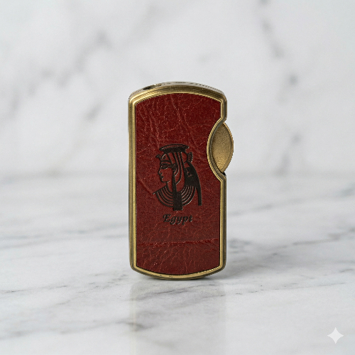 The Pharaoh’s Gilded Flame – Vintage Brass & Leather Egyptian Lighter
