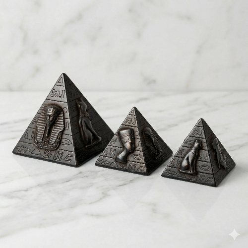 Trio of Antiqued Stone Egyptian Deity Pyramids – Set of 3 (Pharaoh, Nefertiti, Bastet)