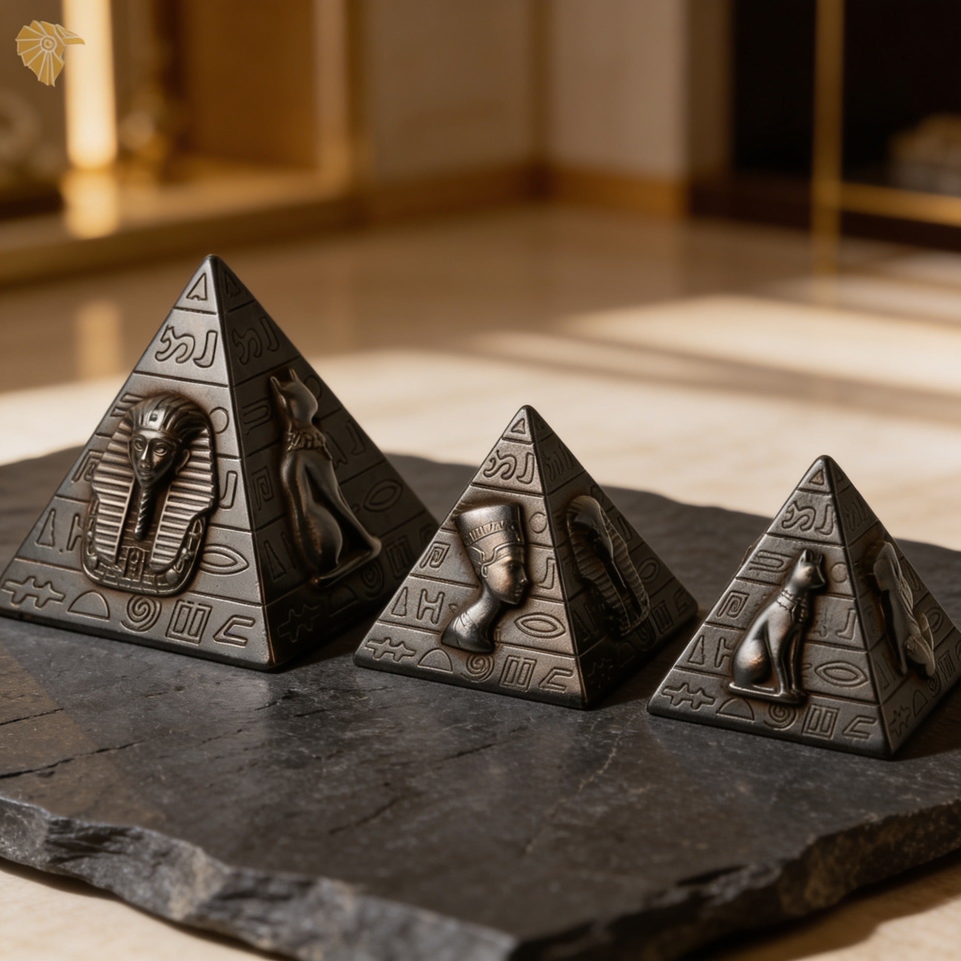 Trio of Antiqued Stone Egyptian Deity Pyramids – Set of 3 (Pharaoh, Nefertiti, Bastet)3