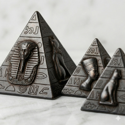 Trio of Antiqued Stone Egyptian Deity Pyramids – Set of 3 (Pharaoh, Nefertiti, Bastet)
