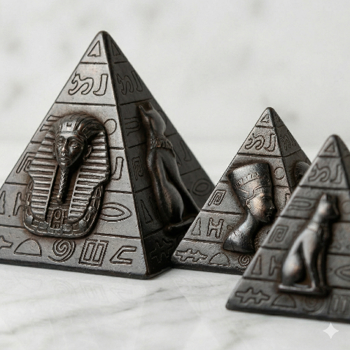 Trio of Antiqued Stone Egyptian Deity Pyramids – Set of 3 (Pharaoh, Nefertiti, Bastet)