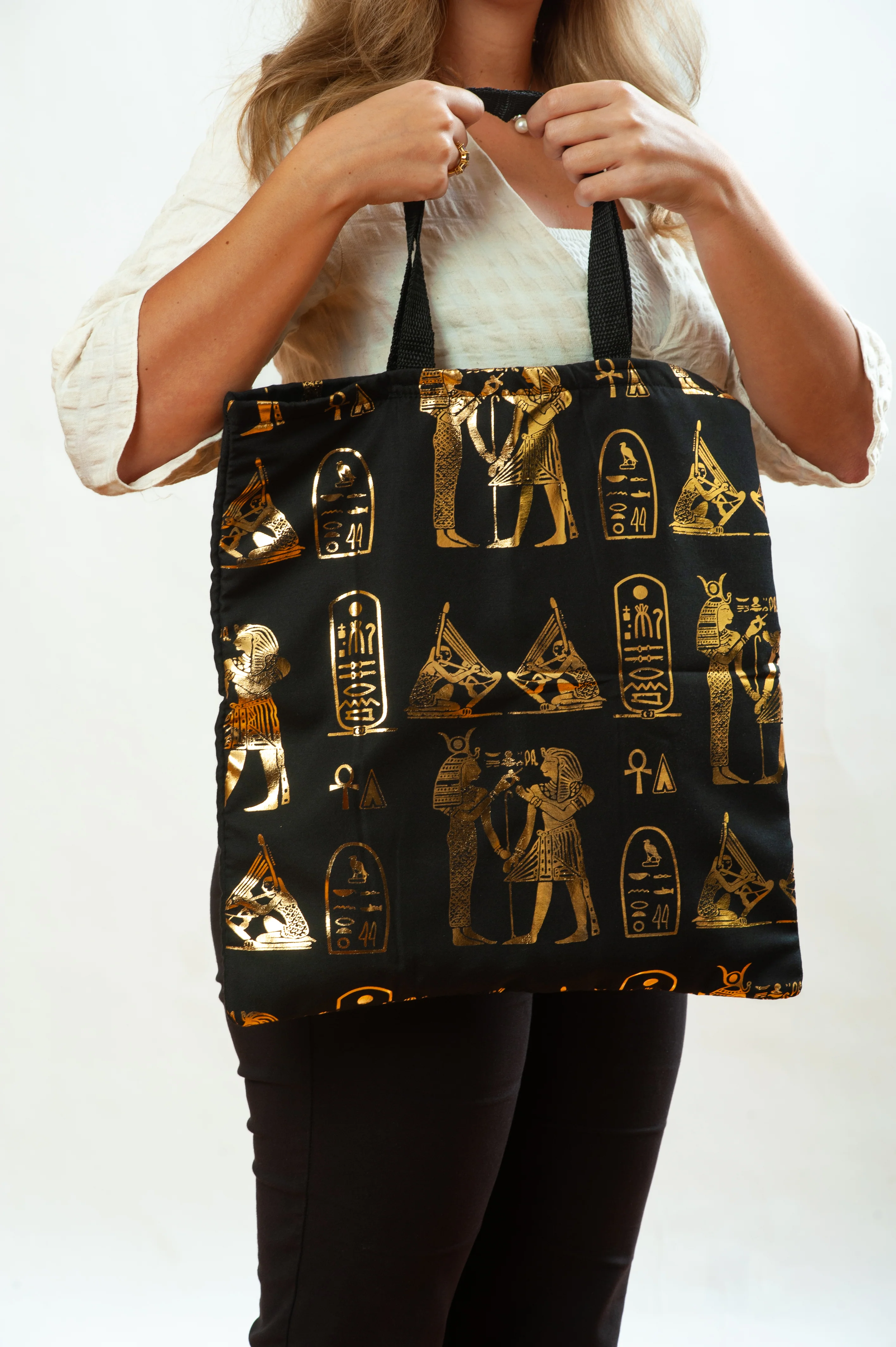 Hieroglyphic Pharaonic Tote Bag - Black and Gold - Made in Egypt